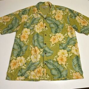 Tommy Bahama silk Hawaiian Tropical Green Shirt with Yellow Floral Design Medium
